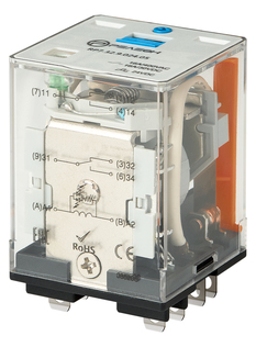 Силовое реле; 2 перекидных контакта 16А (= 110В DC) блокируемая кнопка проверки + светодиод