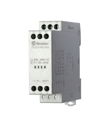 Контрольное реле для 3-фазных сетей; обрыв/чередование фаз, фиксированные регулировки; выход 2CO 8А; модульное, ширина 22.5мм; степень защиты IP20