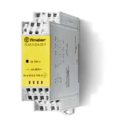 Модульное электромеханическое реле безопасности (реле с принудительным управлением контактами) SIL3; 2NO+1NC+1 AUX(доп.контакт) 6A; контакты AgSnO2; катушка 24В DC; безвинтовые клеммы Push-in; ширина 22.5мм;  степень защиты IP20